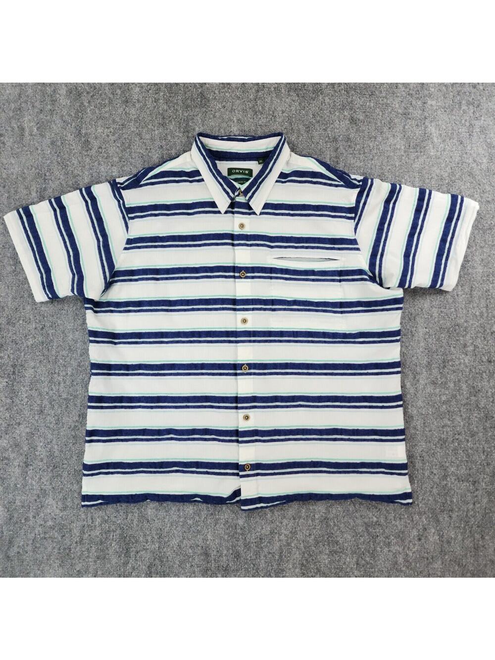 Orvis Shirt Mens XL White Blue Striped Seersucker Button Up Classic Fishing Camp